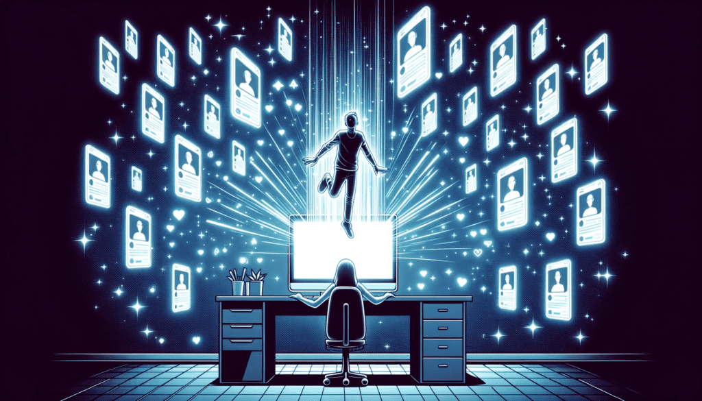 man flying upward in cyber dream of screens