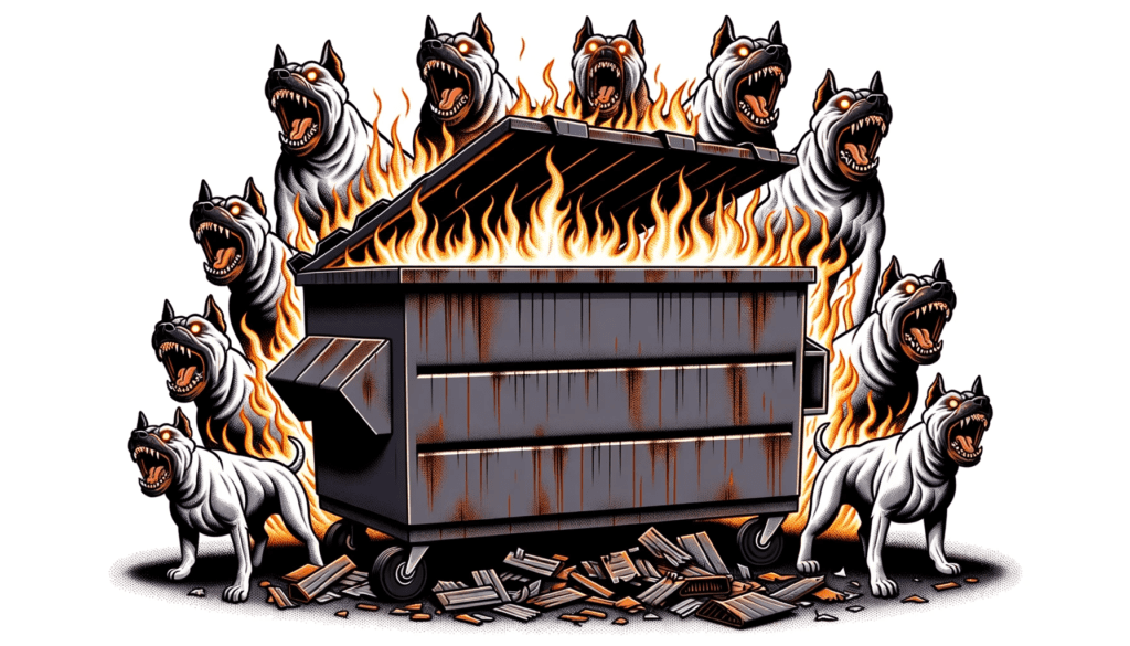 angry buyers as flaming dogs next to a dumpster trash bin