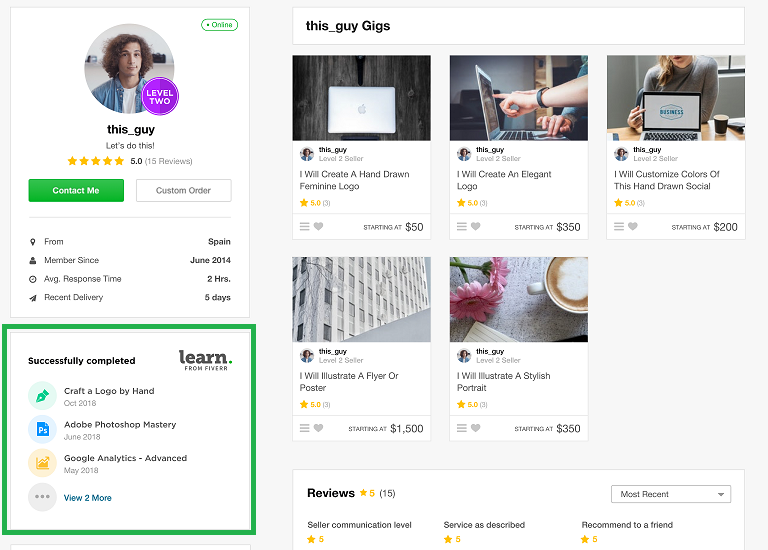 pre-2024 Fiverr seller profile with prominent Fiverr Learn badges