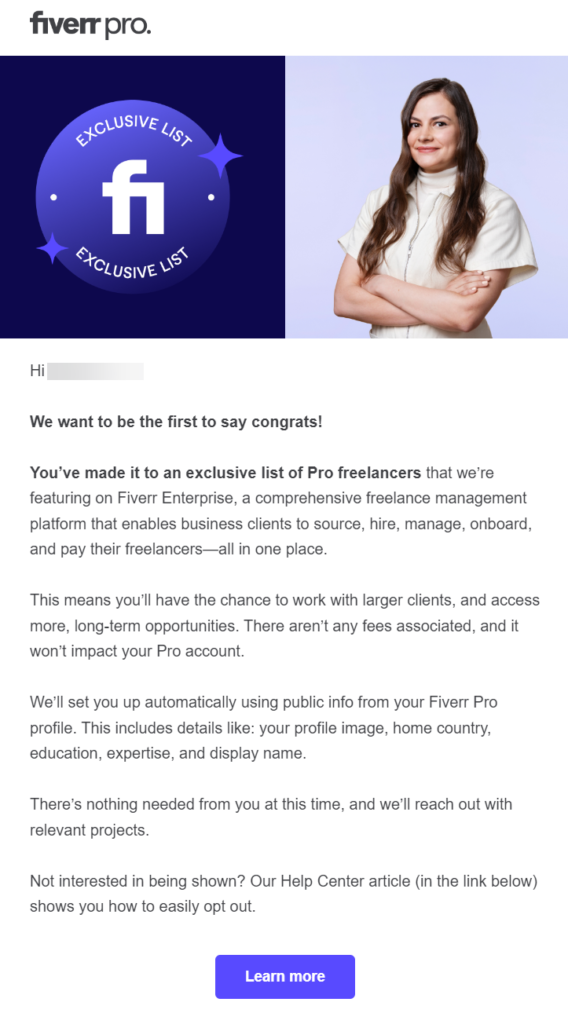 Email from Fiverr to Pro sellers automatically invited into the New Enterprise catalog
