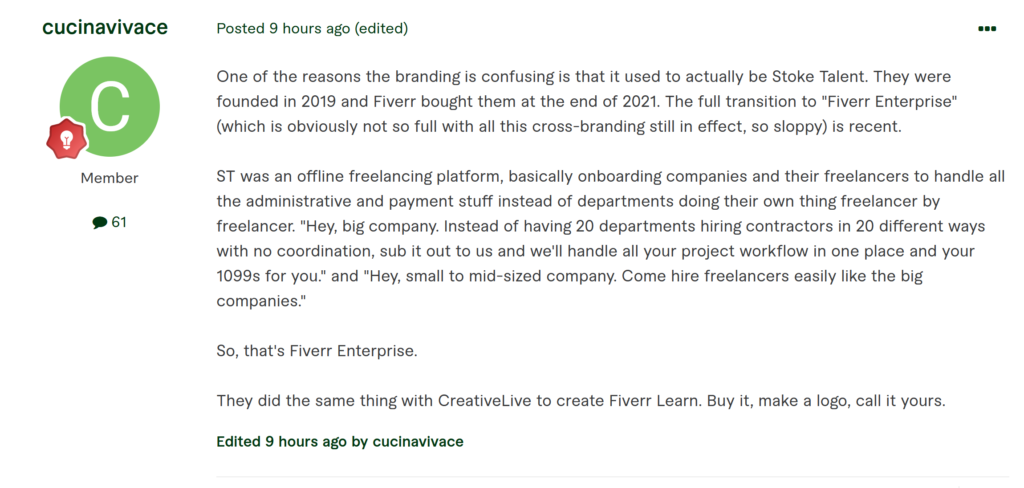 Fiverr seller explains what Stoke Talent is related to Fiverr Enterprise on forum