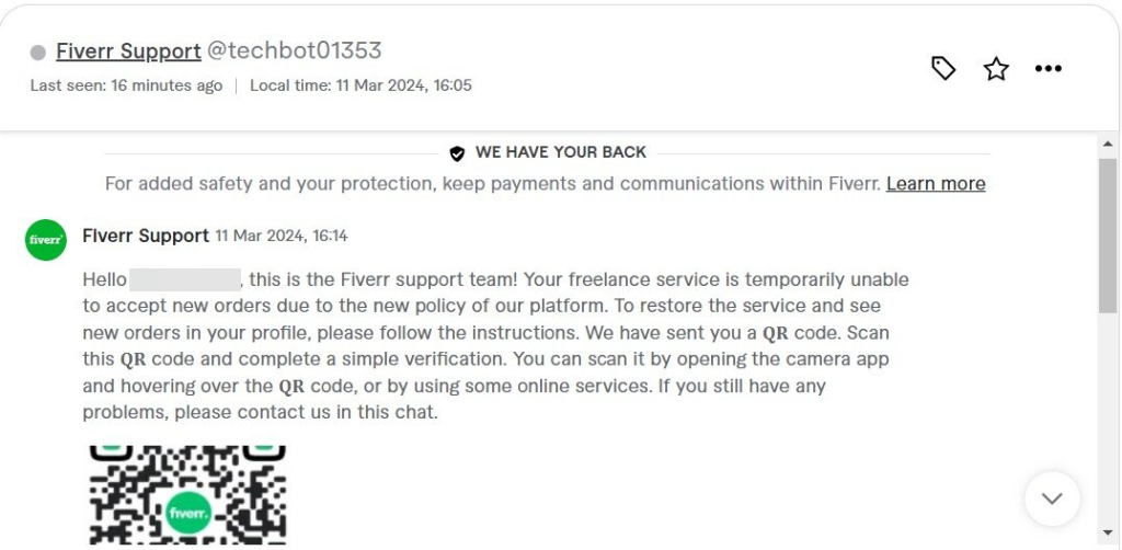 fiverr scam with qr code screenshot