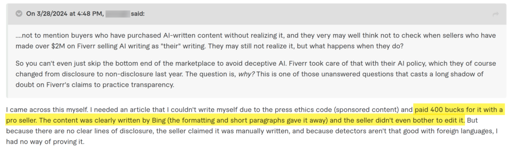 A Fiverr buyer complains about paying $400 for an article that was written using AI. The buyer expected human writing. 