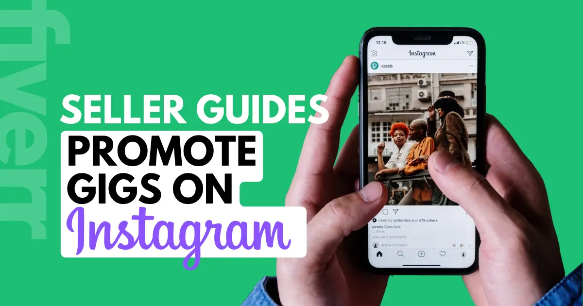 promote fiverr gigs on instagram cover image with title and image of instagram app on smartphone