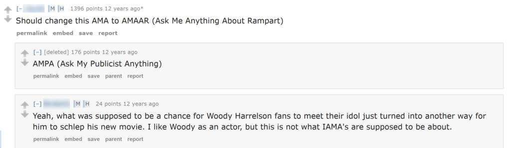 don't be like Woody Harrelson when promoting your fiverr gig on Reddit via an AMA