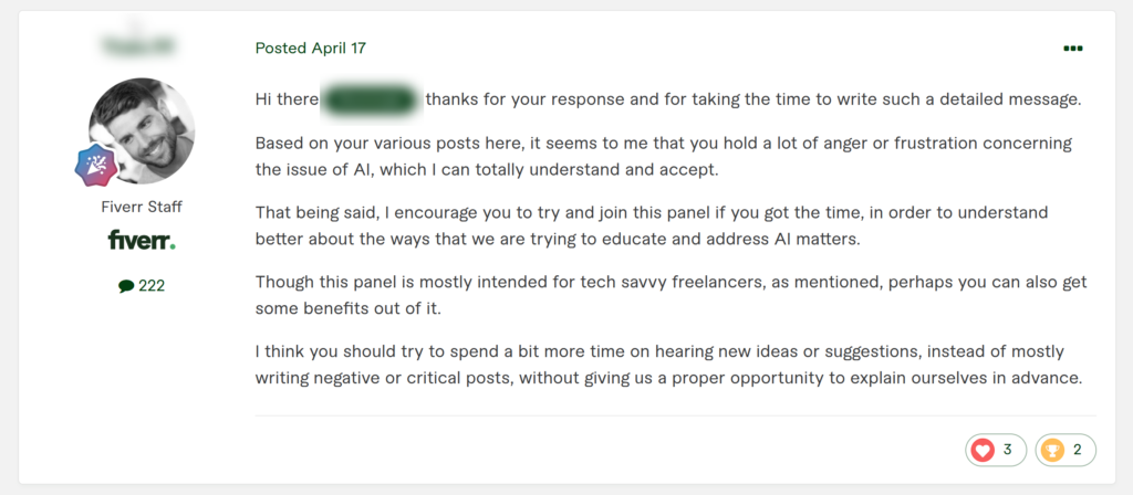 Fiverr staff  criticize a Fiverr user complaining about AI