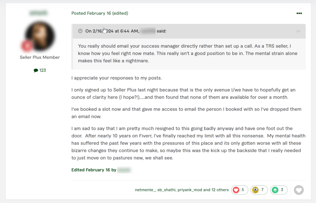 A seller complains about seller plus being a wash ahead of Fiverr's Q1 2024