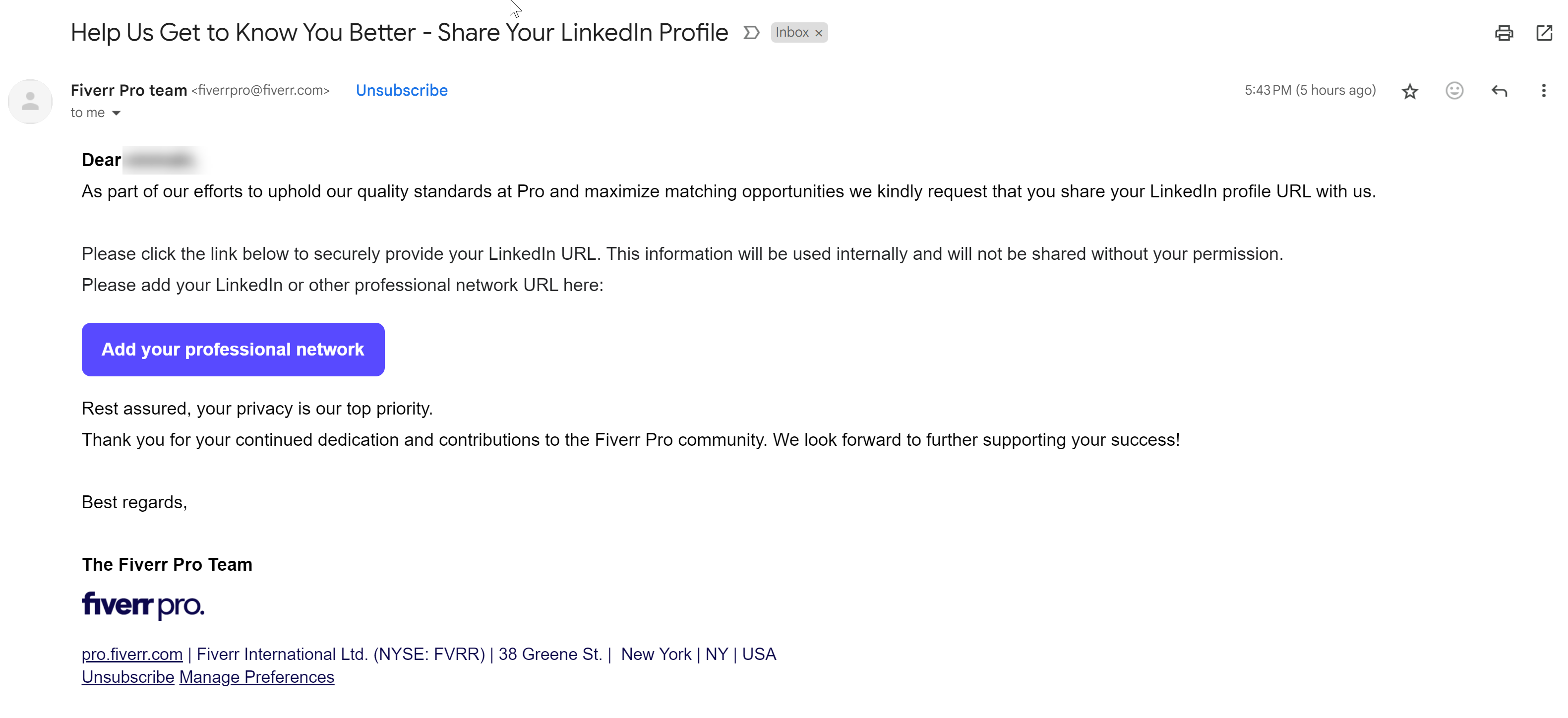 Fiverr Email about the new LinkedIn profile sharing
