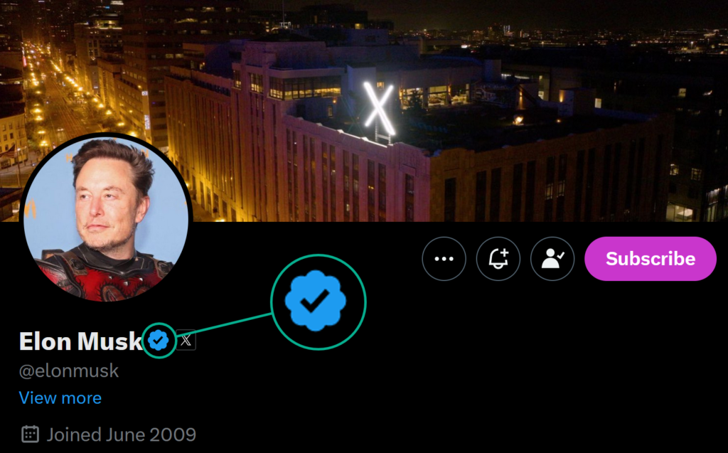 Example of a Premium X blue tick (blue checkmark) from Elon Musk's Twitter profile