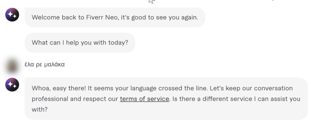 Another screenshot of a conversation with Fiverr Neo, illustrating coding