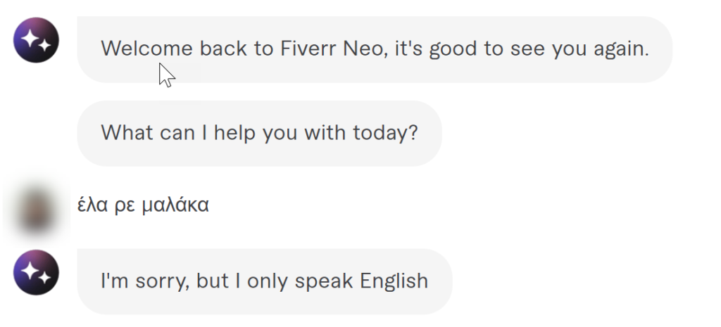 screenshot of conversation with Fiverr Neo 