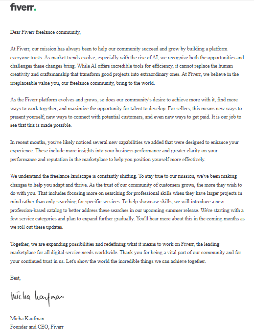 letter from micha kaufman june 2024 "to our fiverr freelance community"